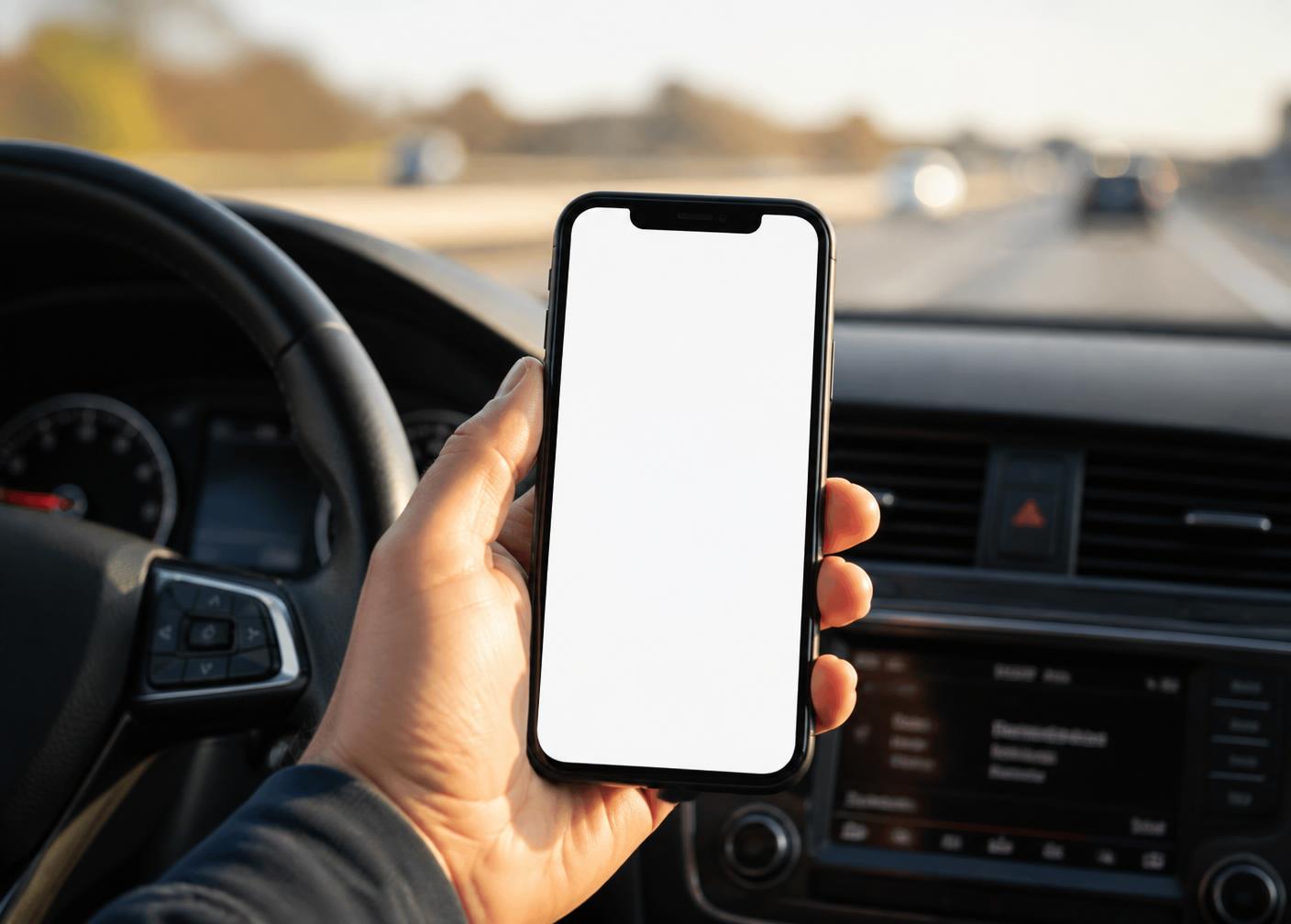 Driver holding a phone with the SayaraHub app inside a car